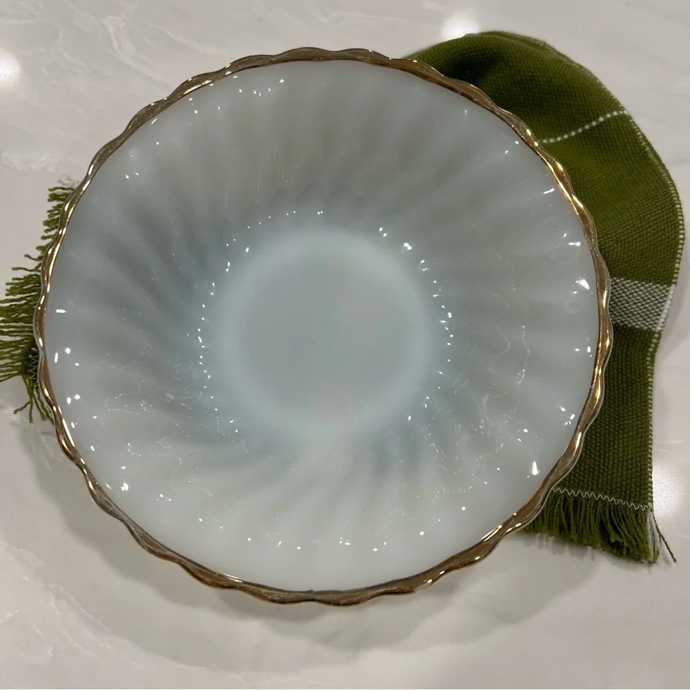Anchor Hocking Milk Glass Swirl Gold Trim Bowls Set of 3 Cottagecore Classic